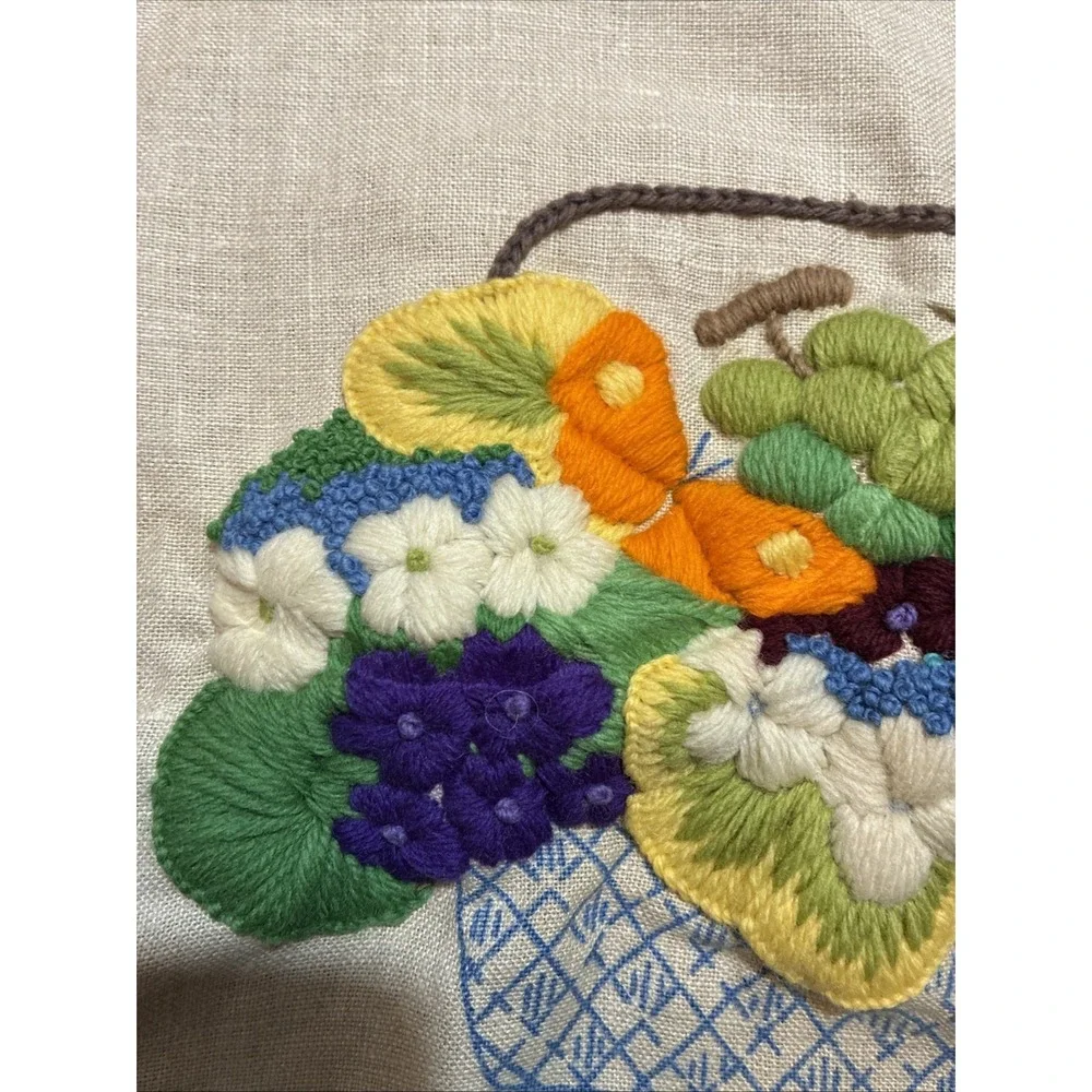VTG WIP Pauline Dunham Crewel Embroidery Folk ART Flower Basket 14x15 Unfinished